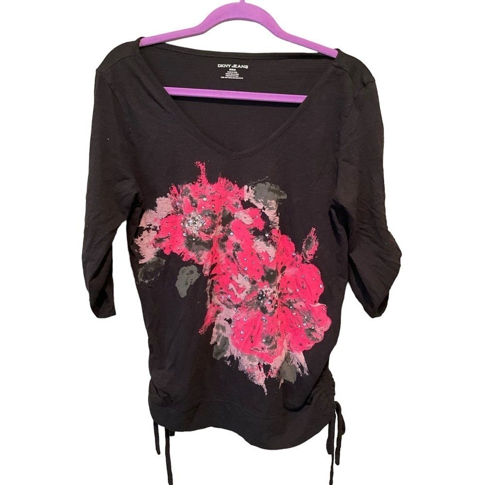 DKNY Blouse Top Women's Size M Black Beaded Long Sleeve Pullover V-Neck Cotton